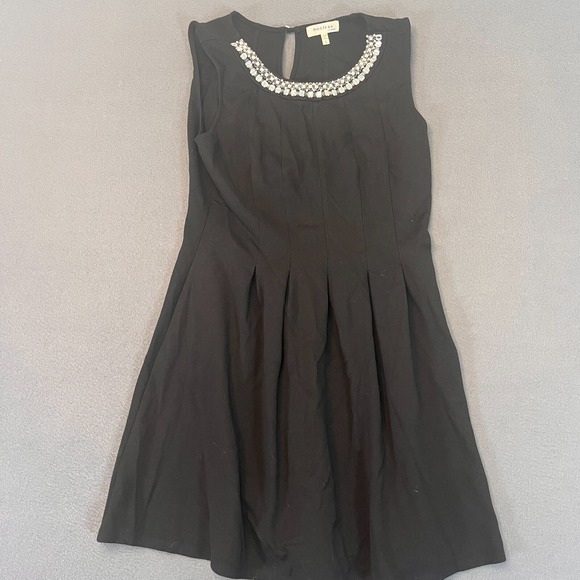 Monteau Dress Womens Sz Large Black Stretch Knit Pleated Beaded Jeweled Neckline - Picture 1 of 9